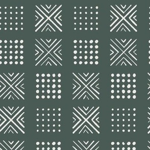 mod block print | Small Scale | Dark Green, forest green, crisp white | multidirectional geometric