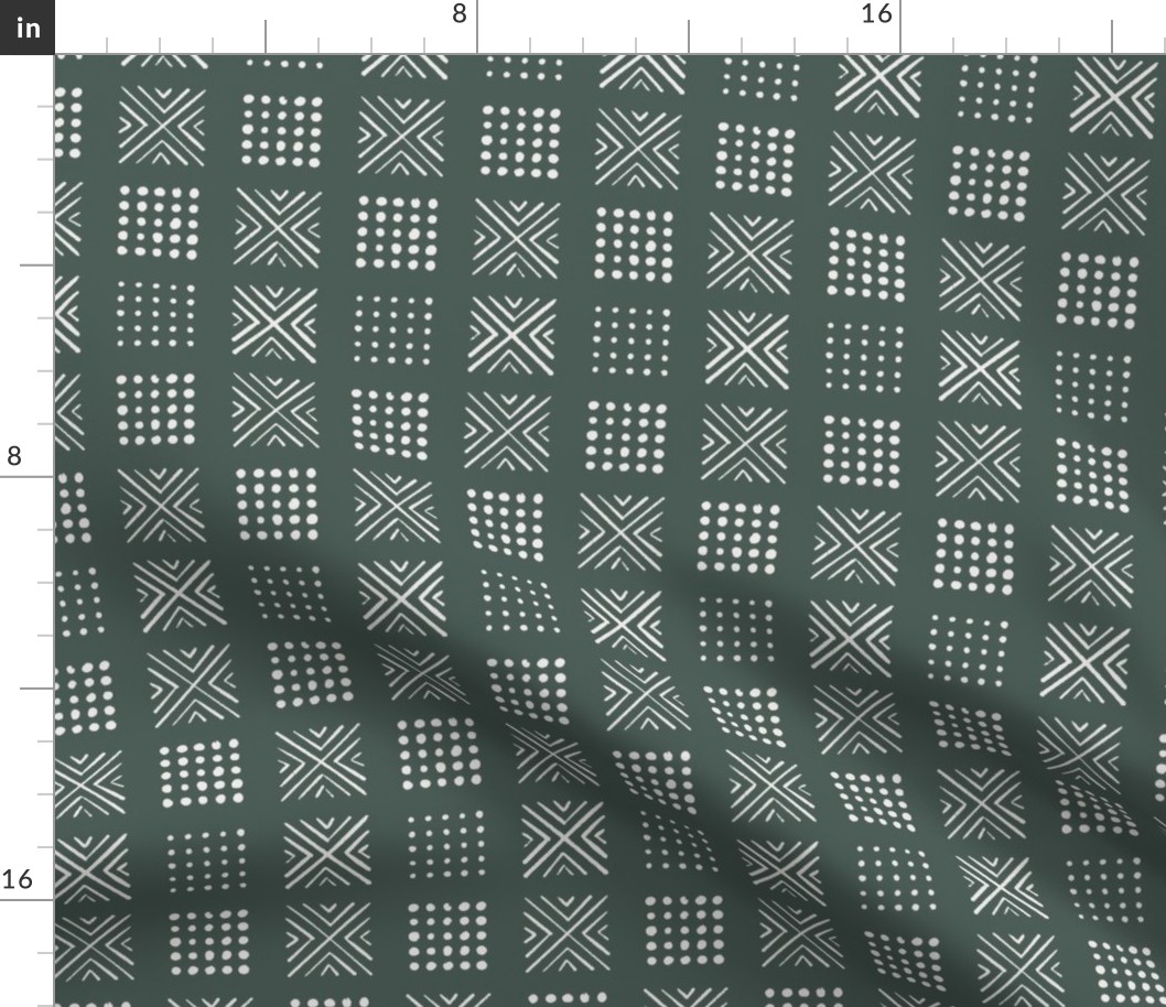 mod block print | Small Scale | Dark Green, forest green, crisp white | multidirectional geometric