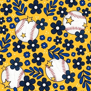 Large Scale Team Spirit Baseball Floral in Milwaukee Brewers Navy Royal Blue and Yellow Gold