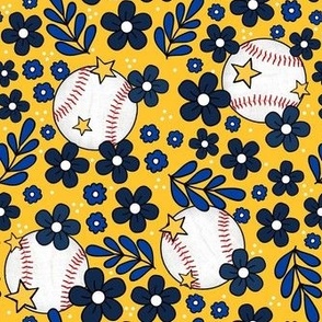 Medium Scale Team Spirit Baseball Floral in Milwaukee Brewers Navy Royal Blue and Yellow Gold