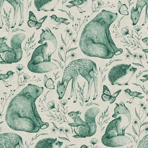 Forest Fauna Toile - jade green on taupe, small 