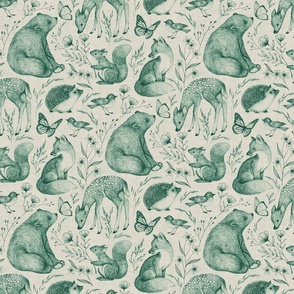 Forest Fauna Toile - jade green on taupe, medium 