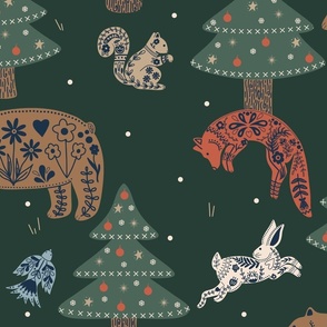 Scandinavian Folk Art Christmas Wintery Woods with Bears, Foxes, Rabbits, Squirrels, and Birds 