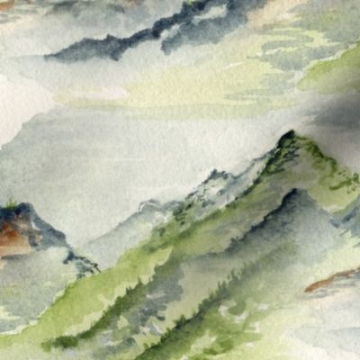 watercolor mountains, medium large scale, green ivory cream soft white beige dark gray blue brown wallpaper neutral earth western