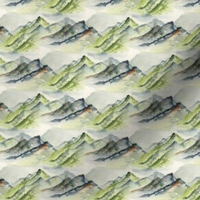 watercolor mountains, small scale, green ivory cream soft white beige dark gray blue brown wallpaper neutral earth western