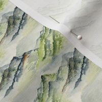 watercolor mountains, small scale, green ivory cream soft white beige dark gray blue brown wallpaper neutral earth western