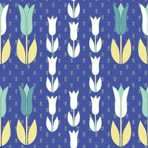 Green yellow white tulips on blue_8inch