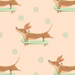 (L) happy skating dogs with flying dognuts, weenie dog on peach background