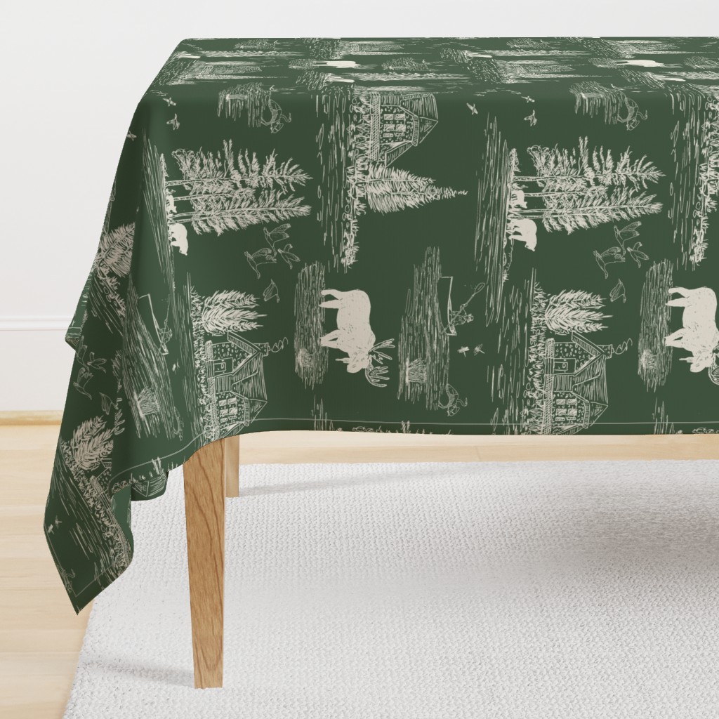 Serene Lake Life Toile Green Background and Cream