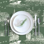 Serene Lake Life Toile Green Background and Cream