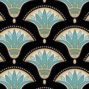  Art Deco Egyptian Lotus Gold Turquoise on a Black 1920s Wallpaper Challenge Medium Scale 
