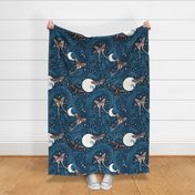 Serene nightsky with mystic moths, moon and fern, blue and cream, large