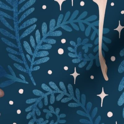 Serene nightsky with mystic moths, moon and fern, blue and cream, large