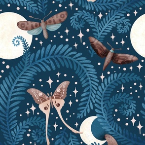 Serene nightsky with mystic moths, moon and fern, blue and cream, large