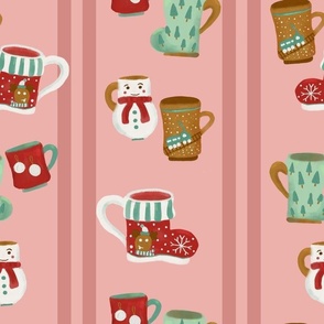 Christmas Mugs Pink Stripes with Snowman, Reindeer, and Trains