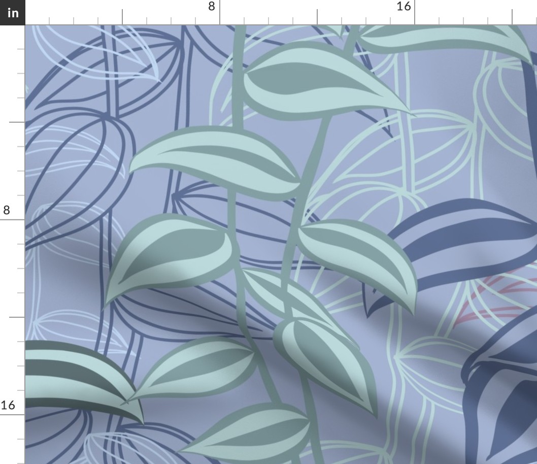 Large - A Serene & Calming Wall of Trailing Stripy Leaves of Tradescantia Zebrina, Tropical Houseplant - Teal, Lilac, Pink, Blue Nova