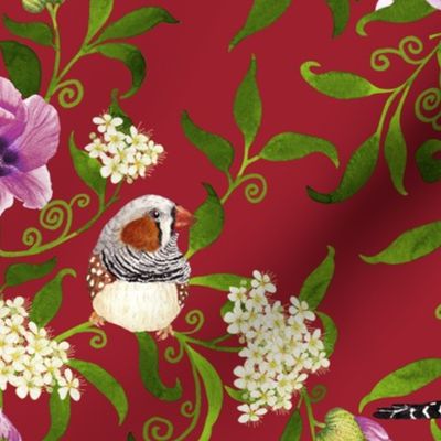 Bright birds and flower botanical intricate Arts and Crafts damask pattern for wallpaper and fabric on red earth, large scale