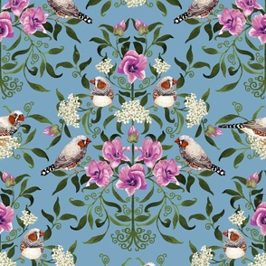 Bright birds and flower botanical intricate Arts and Crafts damask pattern for wallpaper and fabric on French blue, large scale