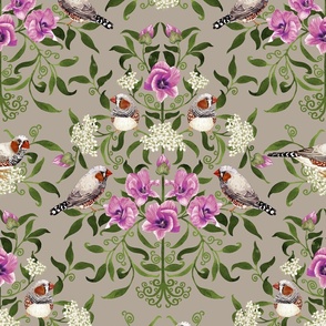 Bright birds and flower botanical intricate Arts and Crafts damask pattern for wallpaper and fabric on Warm grey, large scale