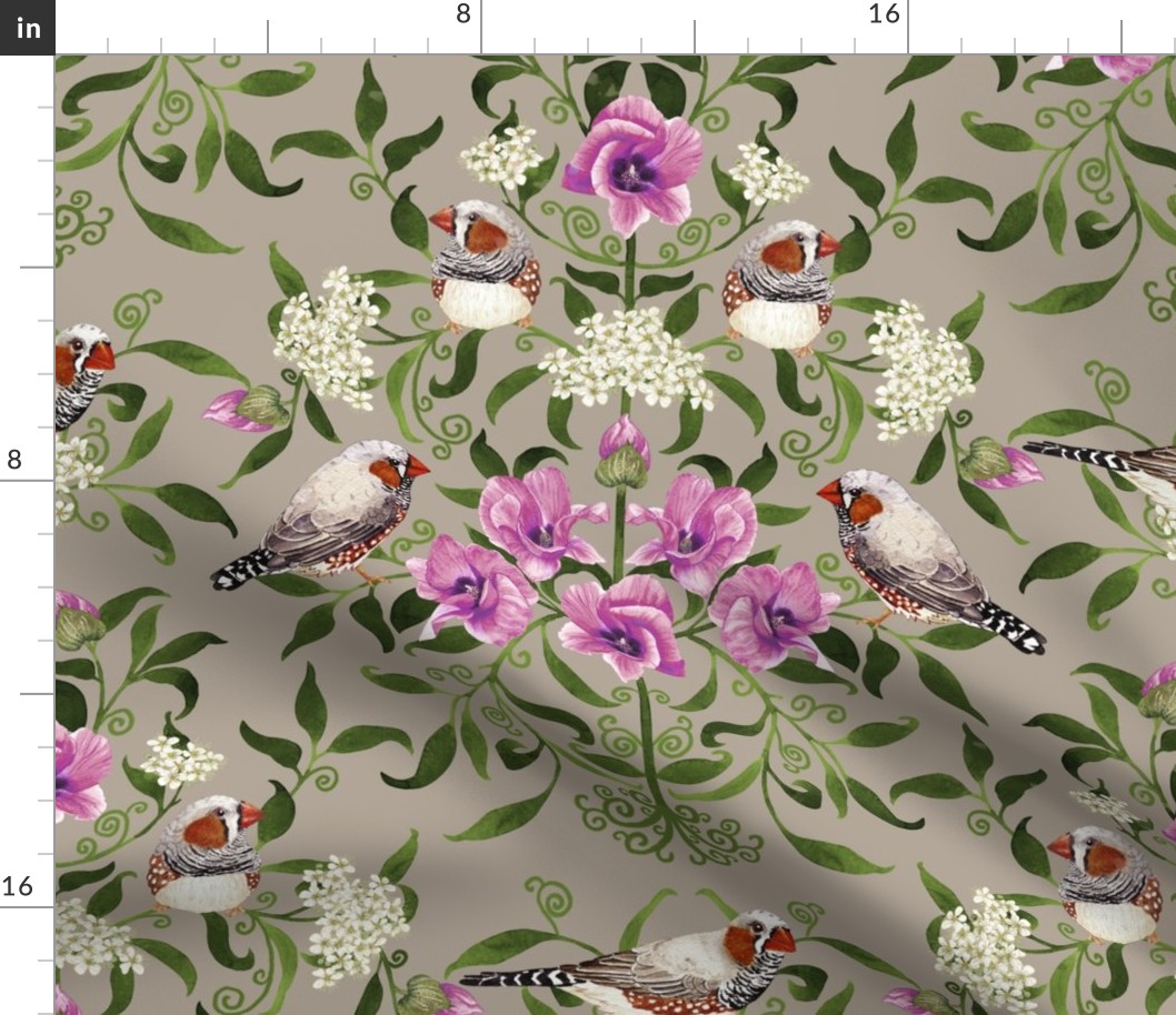 Bright birds and flower botanical intricate Arts and Crafts damask pattern for wallpaper and fabric on Warm grey, large scale