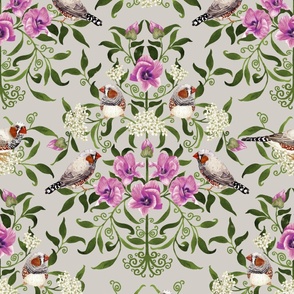 Bright birds and flower botanical intricate Arts and Crafts damask pattern for wallpaper and fabric on soft grey