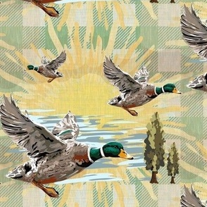Country Farmhouse Birds and Trees, Flying Mallard Duck Cottagecore Plaid,  Seasonal Nature Bird in Flight, Emerald Green  Teal Green Bird Wings,  Dark Green Forest Birds, Flying Ducks on Countryside Plaid, Throw Pillows, Table Linen, Picnic Blanket (Small