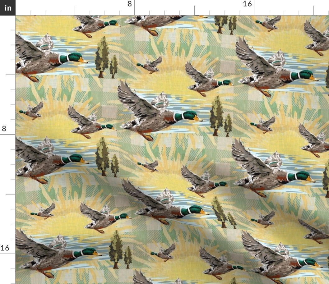 Country Farmhouse Birds and Trees, Flying Mallard Duck Cottagecore Plaid,  Seasonal Nature Bird in Flight, Emerald Green  Teal Green Bird Wings,  Dark Green Forest Birds, Flying Ducks on Countryside Plaid, Throw Pillows, Table Linen, Picnic Blanket (Small