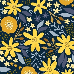 Susie Sunshine Floral on navy wallpaper scale