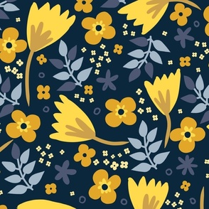 Susie Sunshine flowers on navy wallpaper scale