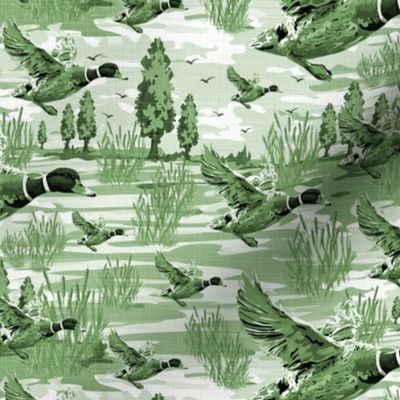 Monochromatic Upholstery Kitchen Lake Life, Green and White  Mallard Duck Curtain Design, Flying Duck Feathers Throw Pillow Pattern, Duck Hunting  Lake House Fishing Decor, White Green Wild Animal Toile, Emerald Green Birds in Flight (Small Scale)