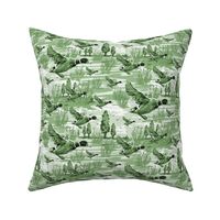 Monochromatic Upholstery Kitchen Lake Life, Green and White  Mallard Duck Curtain Design, Flying Duck Feathers Throw Pillow Pattern, Duck Hunting  Lake House Fishing Decor, White Green Wild Animal Toile, Emerald Green Birds in Flight (Small Scale)