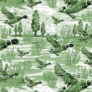 Monochromatic Upholstery Kitchen Lake Life, Green and White  Mallard Duck Curtain Design, Flying Duck Feathers Throw Pillow Pattern, Duck Hunting  Lake House Fishing Decor, White Green Wild Animal Toile, Emerald Green Birds in Flight (Small Scale)