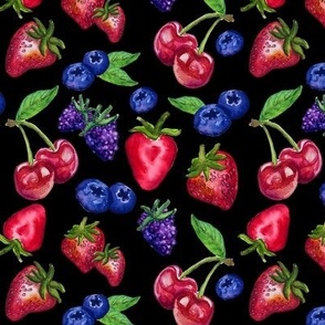 Fruit Berries Strawberry Grandmillennial Dark Coquette Dollette Cherry Blueberry Blackberry Black Ground