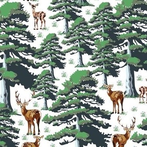 Woodland Pattern Deer Forest Animals with Pine Trees, Modern Vintage Wild Stag, Baby Fawn and Doe, Green Pine Trees on White (Small Scale)