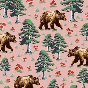 Green and Pink Kids Bedroom, Cute Wild Grizzly Brown Bear, Bear Hunter Kids Room, Vintage Hunting Lumberjack Pattern, Red Mushrooms Green Pine Trees on Vintage Pink Background (Small Scale)