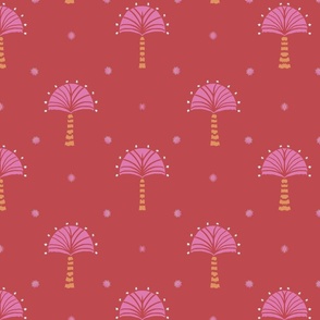 Exotic Christmas palm tree and stars blockprint - salsa cranberry red and bubblegum pink