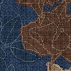 Dried Roses on navy pattern weave with brown copper