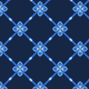 Delft blue hues diagonal garden trellis with simple geometric flower on dark delft blue 3.5 inch scale