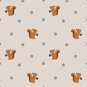Woodland Squirrels and Green Polka Dots on Light Background