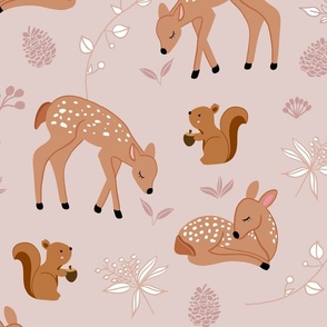 Little Woodland Animals on Pink Background Half Drop
