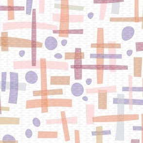 494 -Medium scale modern textured wonky blocky papercut shapes in criss-cross formation resembling Chinese calligraphy = jumbo scale coral pink, mustard and purple irregular abstract, for wallpaper, bed linen, table linen and curtains