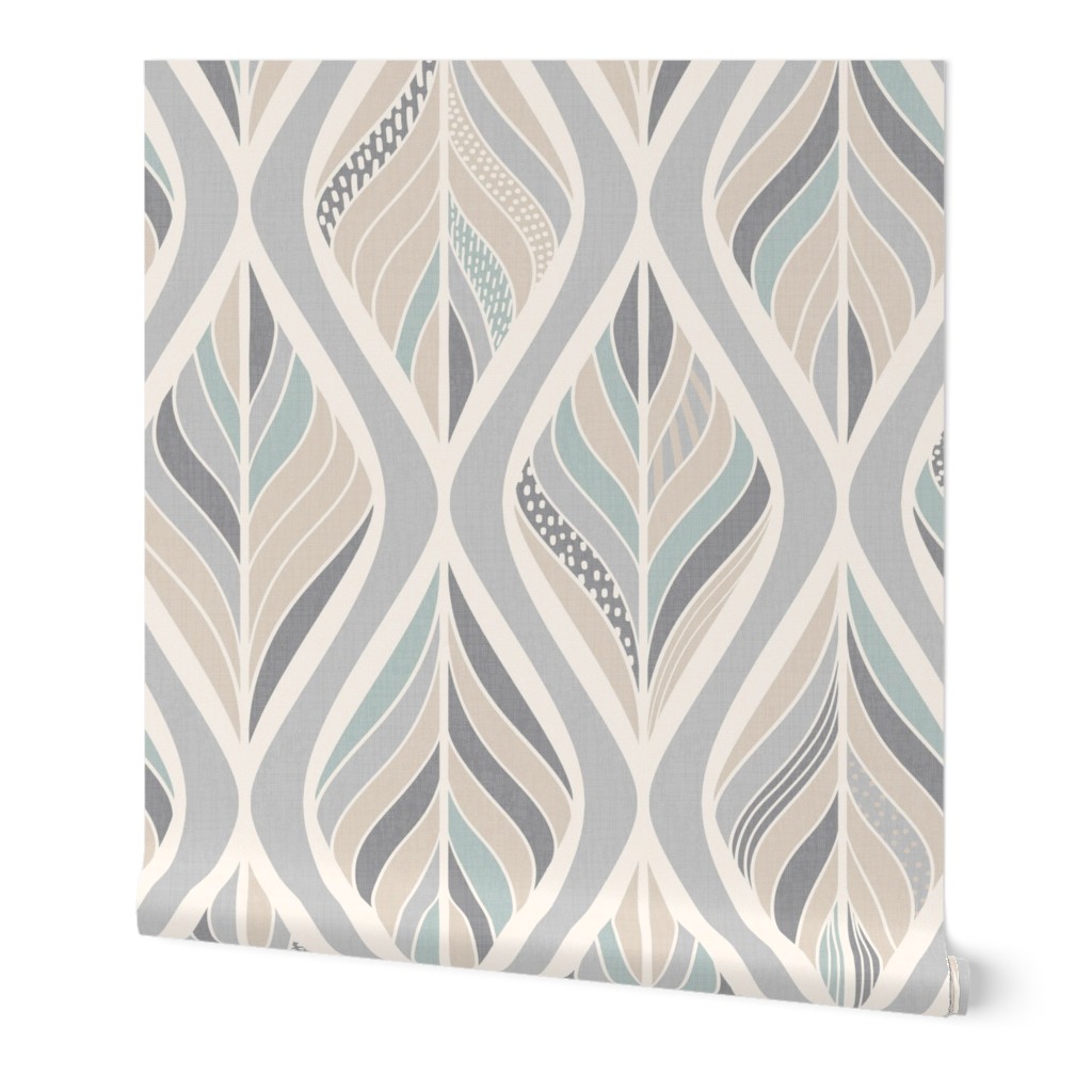 Abstract boho leaves soft neutrals and mint, large scale