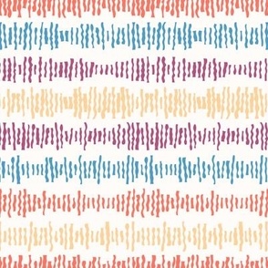 490 - Small scale organic wavy papercut graphic  turquoise, purple, yellow and orange retro  shapes in stripes, irregular wonky patterns for wallpaper, duvet covers, kids and adult apparel, crafts, bags and lampshades.