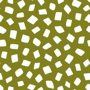 Tossed white square spots on moss green background - freehand marker strokes