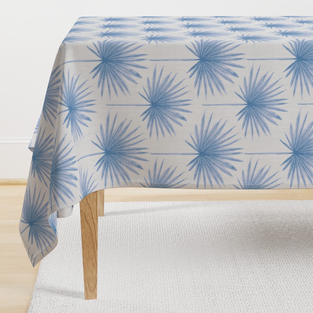 Jumbo Scale Serene Watercolor Palm Leaves // Chambray Blue on Grey Linen Texture