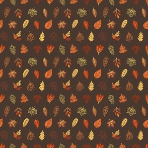 Small Dainty Fall Leaf Doodles on Rustic Brown