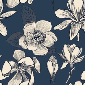 Scattered Magnolia Buds and Blooms Dark Navy Cream