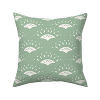 Large White scallops on sage green, vintage lace shapes