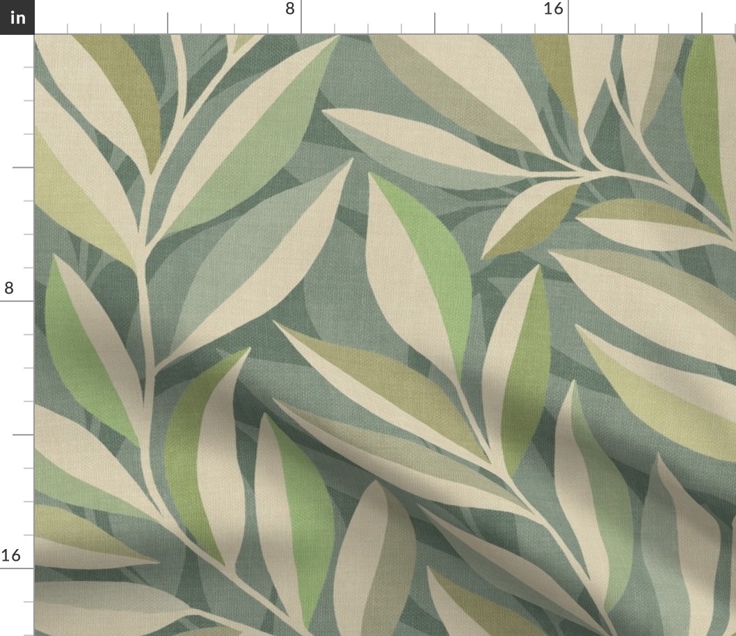 Tranquil Whispering Leaves in Sage Green, Olive and Cream Large Print