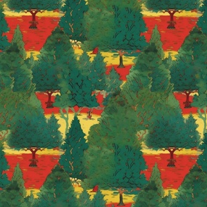 yule fir tree forest in red and green inspired by toulouse lautrec